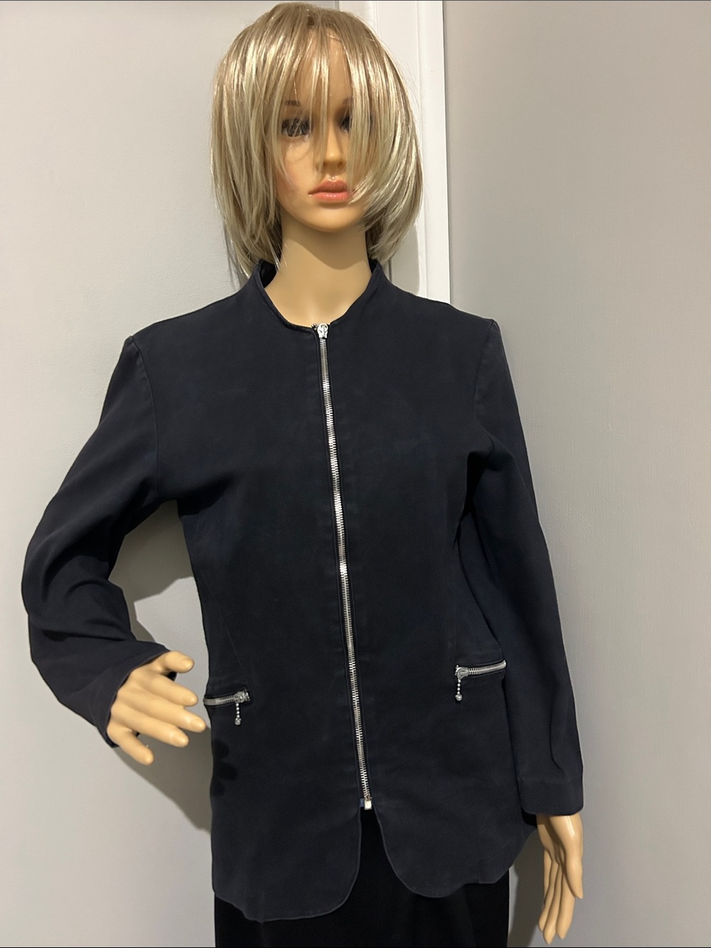 Womens Black Cotton & Lycra Zip-Front Jacket